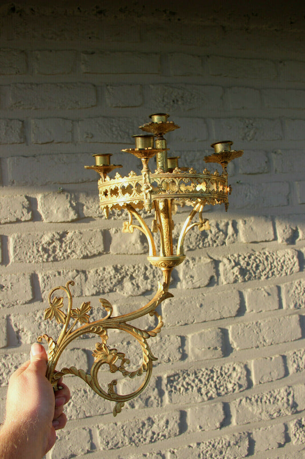 PAIR antique neo gothic dragon Church religious Wall candle holders brass n2