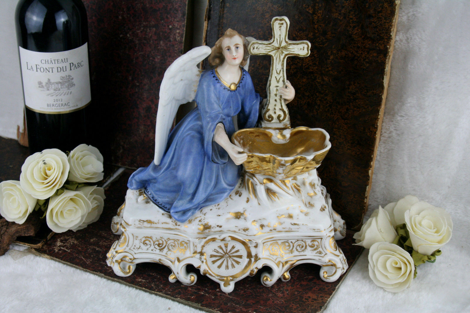 Antique French 1900 Vieux old paris porcelain angel holy water font rare unusual