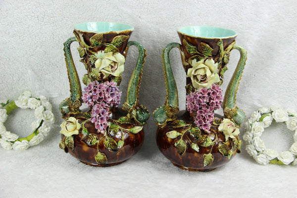 PAIR antique art nouveau barbotine majolica dolphin flowers Vases 1900 rare