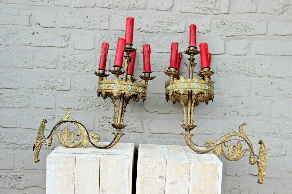 RARE PAIR French antique bronze church religious Wall lights sconces neo gothic