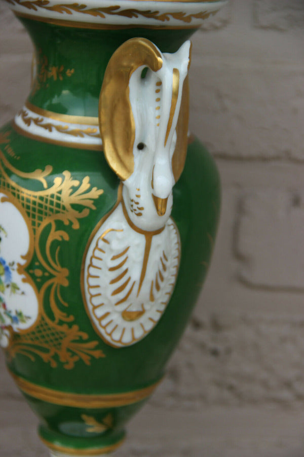 Antique Pair French vieux paris porcelain Floral vases Empire swan handle
