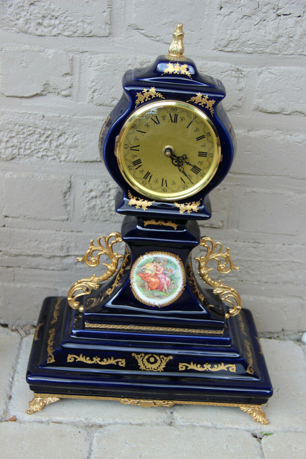 French Limoges blue porcelain Clock victorian romantic scene 1970