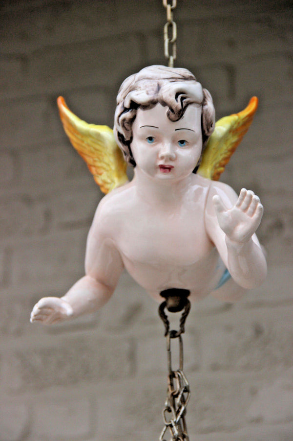 Rare Cute vintage faience Angel putti hang planter jardiniere 1960 Floral roses