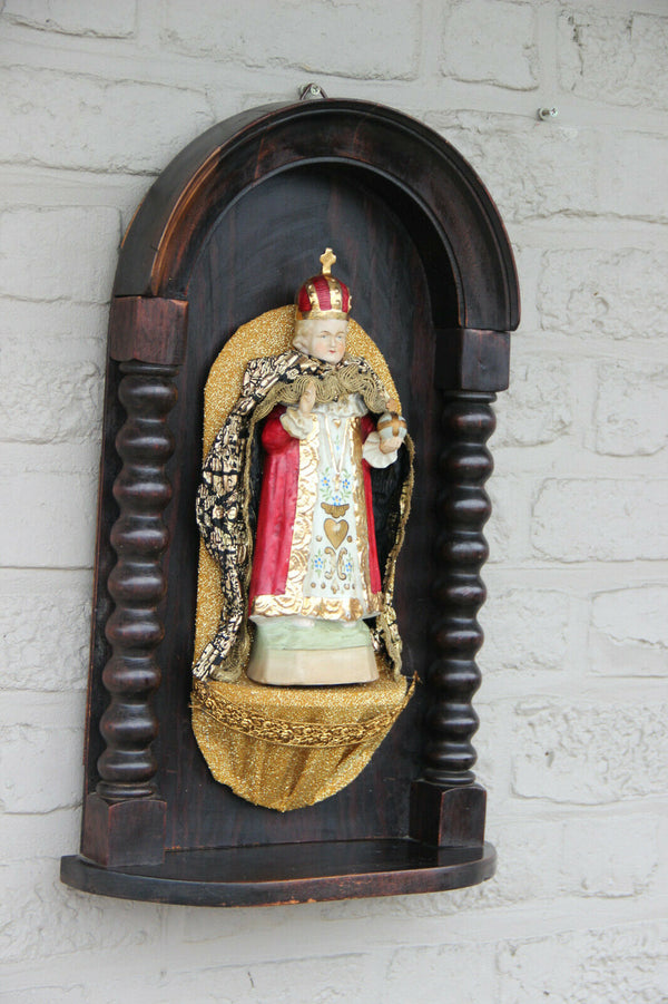 Antique French wood carved chapel with jesus of prague porcelain figurine cape