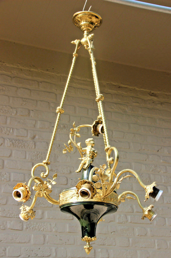 Stunning French Empire design antique Chandelier putti cherub floral decor