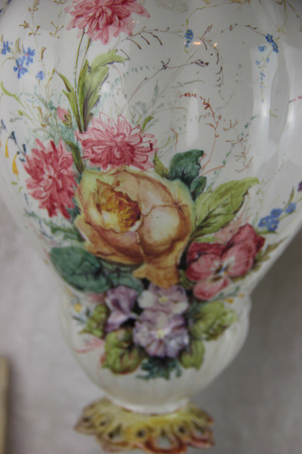 HUGE pair French 1900 marked faience porcelain sea horse dragon vases floral