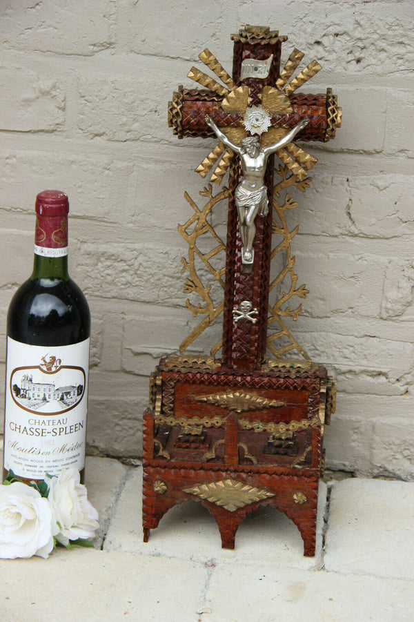 Antique French Tramp art wood carved Crucifix statue religious