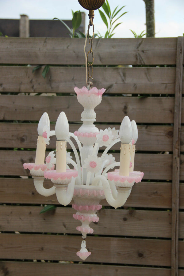 Italian 1970 Pink MURANO hand blown Venetian 5 arms chandelier floral