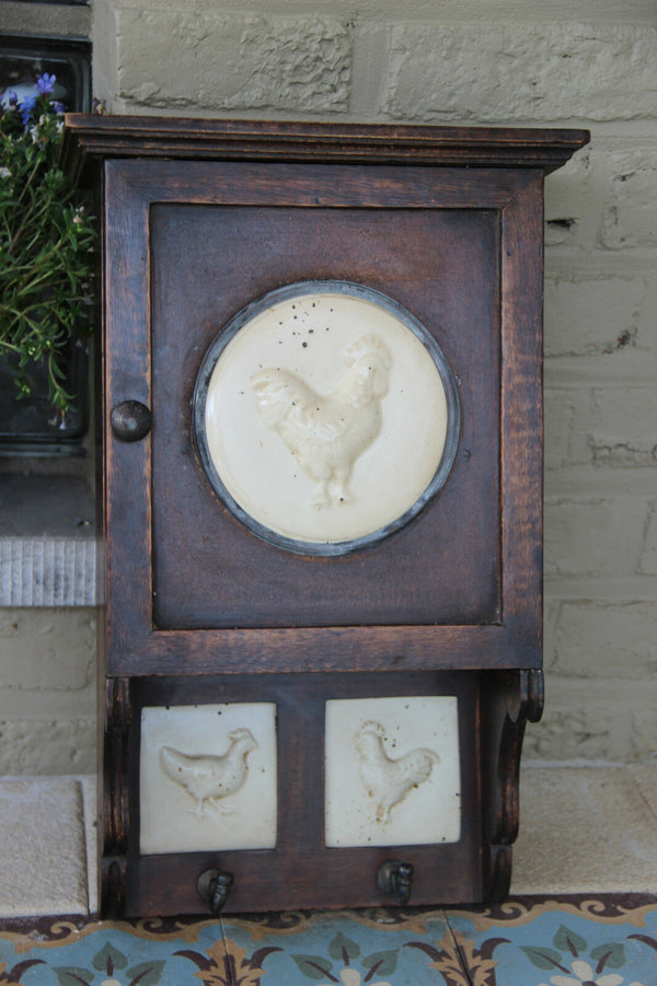 Vintage Flemish Rooster chicken faience plaques wall cabinet spices rack hooks