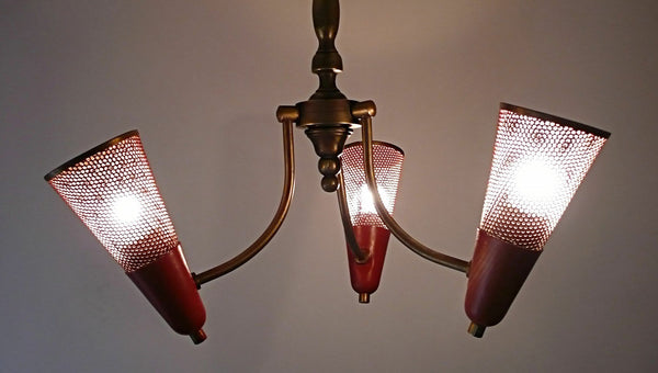 Mid century Retro perforated Metal red 3 arm MATEGOT Design chandelier