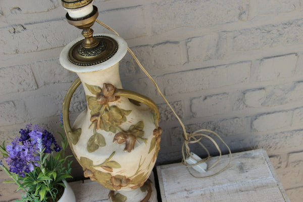 Royal DUX marked porcelain vase mounted lamp relief floral decor
