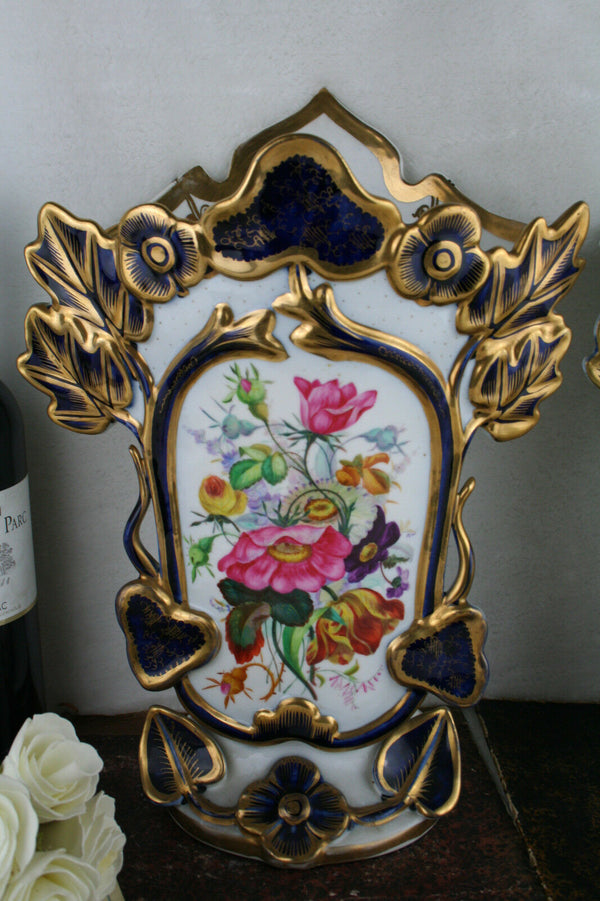 PAIR 19thC old Bayeux Paris porcelain floral hand paint decor French Vases