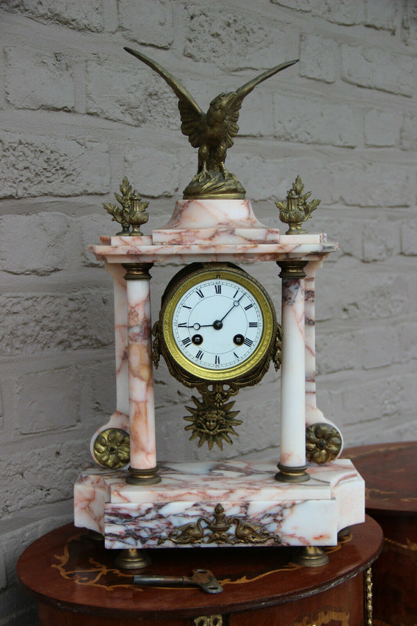 Antique parisian Marble Bronze eagle column mantel clock