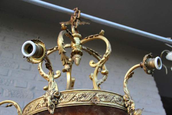 Antique French Amber alabaster marble Ram head Bronze chandelier 5 arms