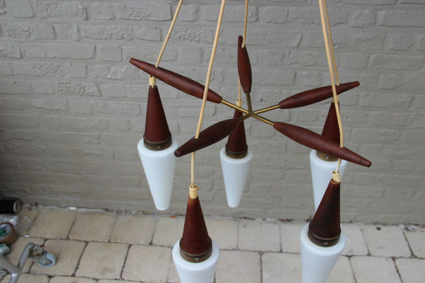Mid century Retro Scandinavian teak wood glass pendant chandelier Louis Kalff