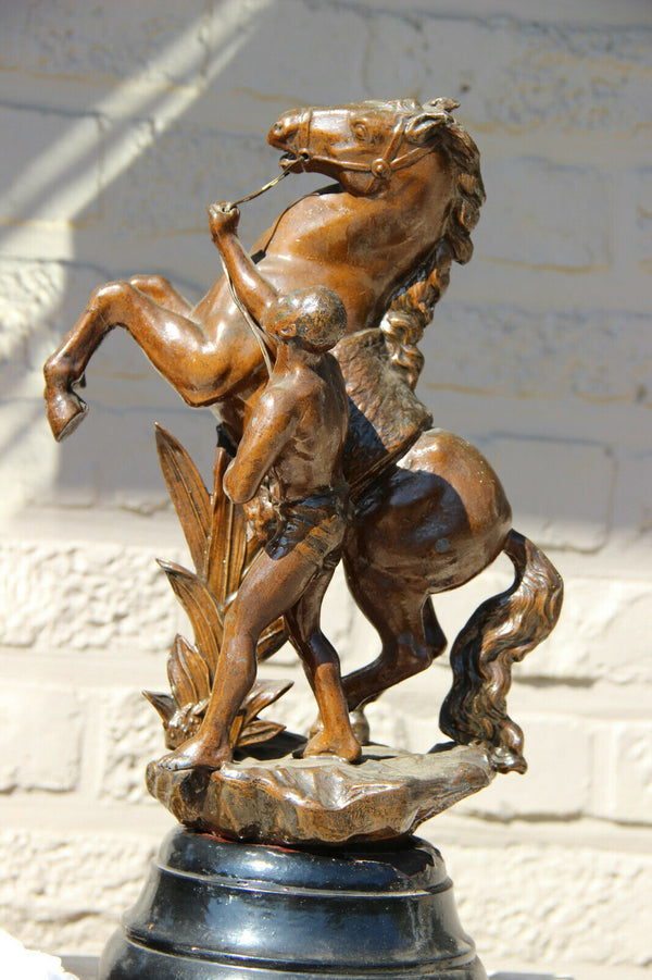 PAIR antique spelter Bronze patina marly horses by Coustou wood base