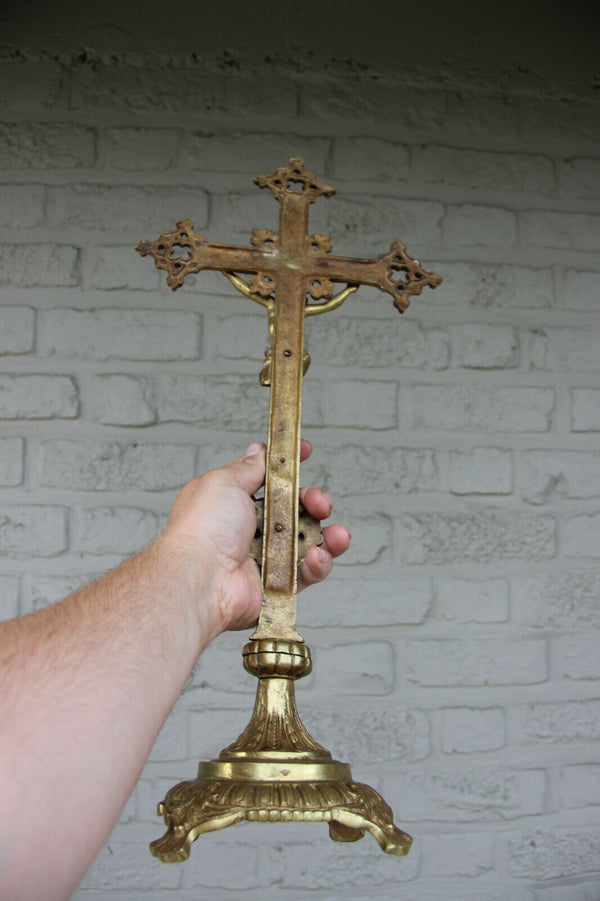 Large Antique French religious bronze crucifix cross putti neo gothic church