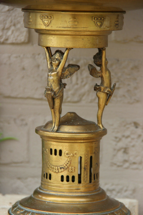 Antique French centerpiece Bowl Brass glass insert putti angels figurine empire