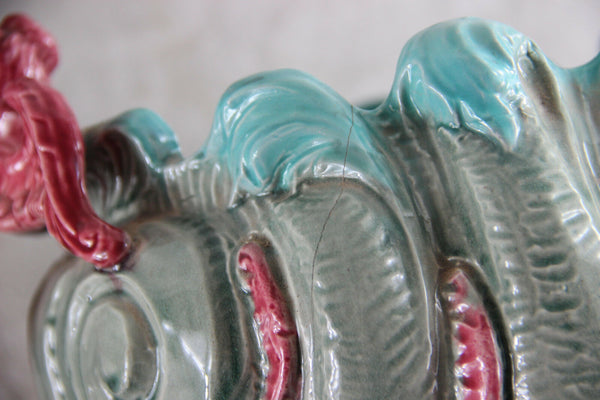 PAIR French art nouveau barbotine majolica Caryatid lion head palnter jardiniere