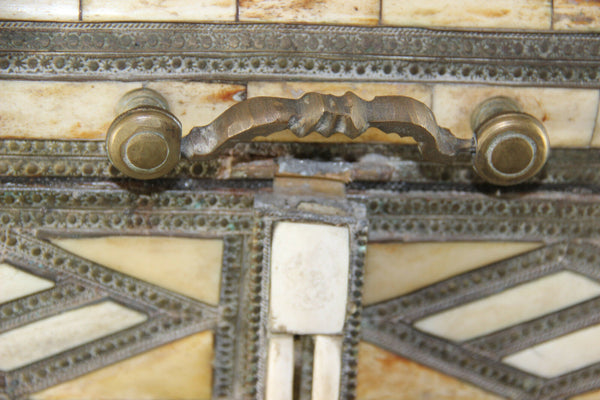 Huge XL Antique Maroccan African Treasure chest box inlaid artisan work rare