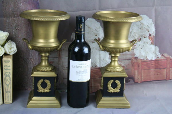 PAIR Impressive Empire design Brass Medici Vases / urns 1930's gold coloured