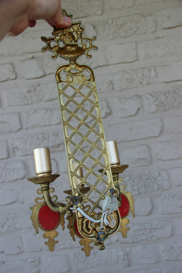 PAIR vintage French brass Wall lights sconces porcelain victorian plaques