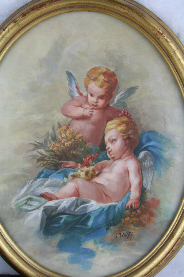 PAIR Flemish 1960 Oil panel Pendant painting signed putti cherubs romance