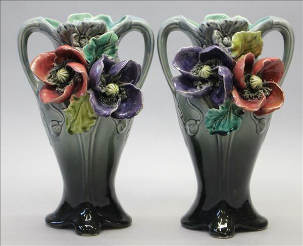 PAIR ART NOUVEAU Barbotine flower Vases 1900 French antique