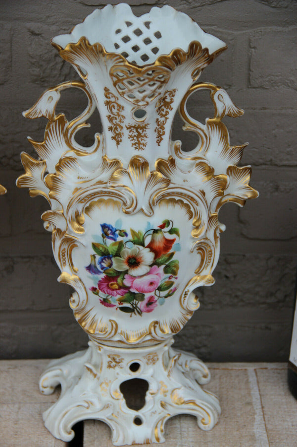 PAIR antique French vieux paris porcelain hand paint floral scene