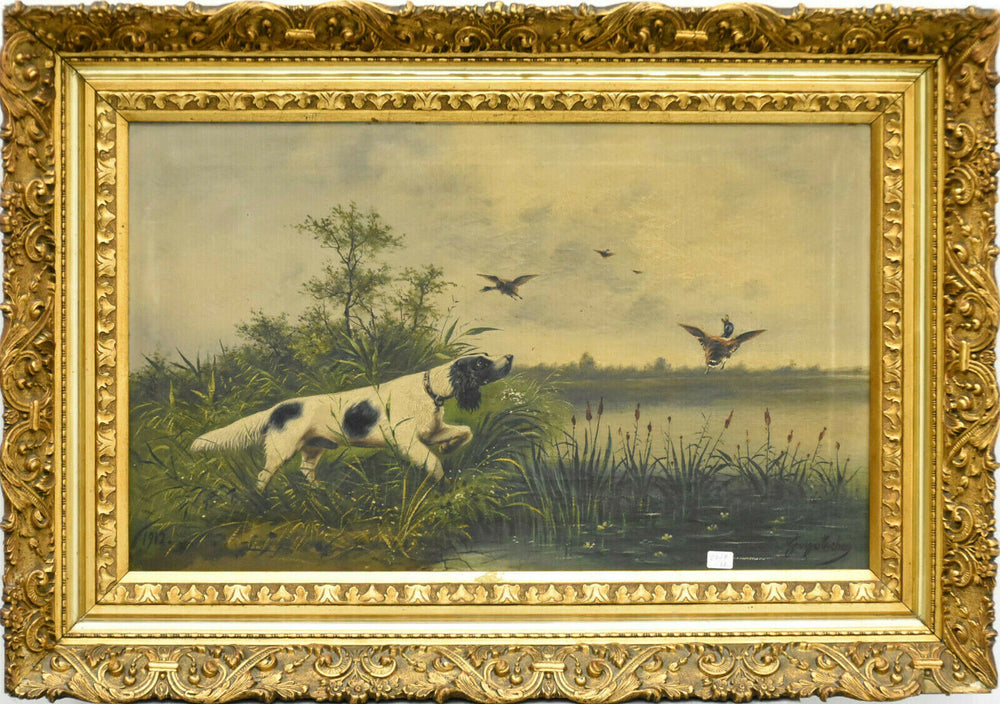 Antique French 1912 Oil Canvas painting hunting dogs field signed