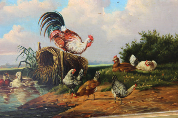 German school 1900s Oil panel painting chickens rooster poultry scene