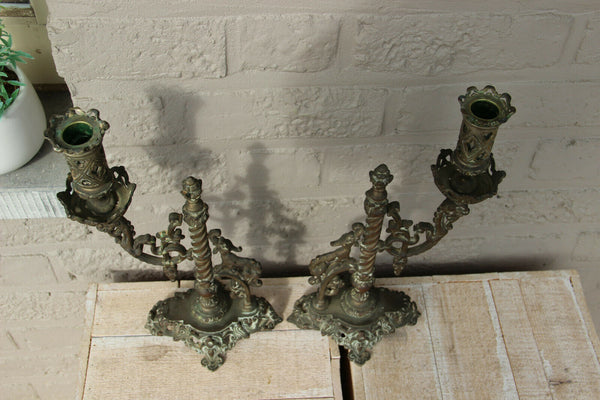PAIR antique French bronze castle dragon rare candle holder neo gothic
