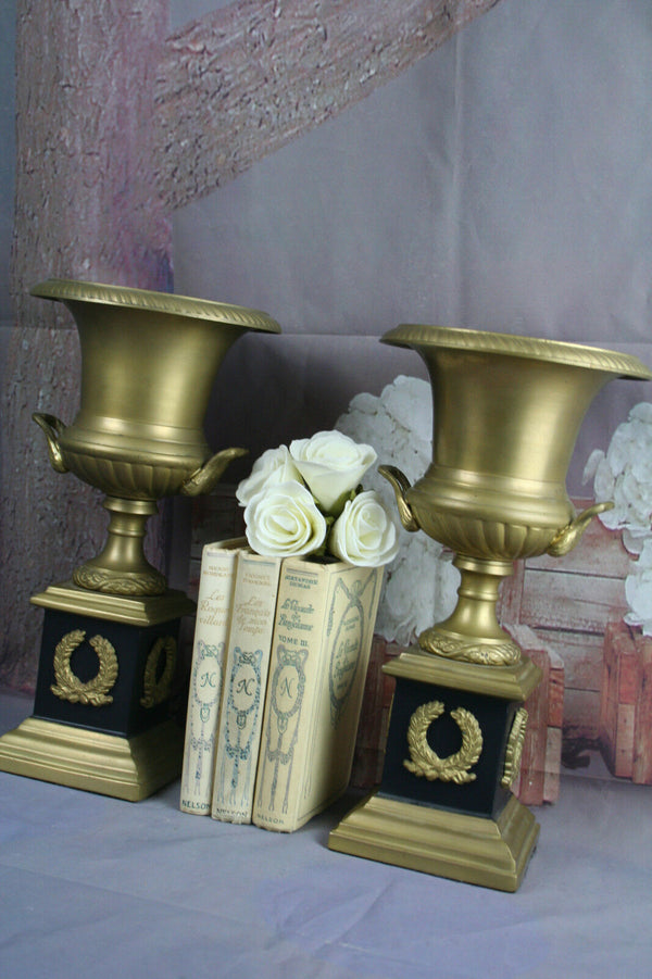 PAIR Impressive Empire design Brass Medici Vases / urns 1930's gold coloured