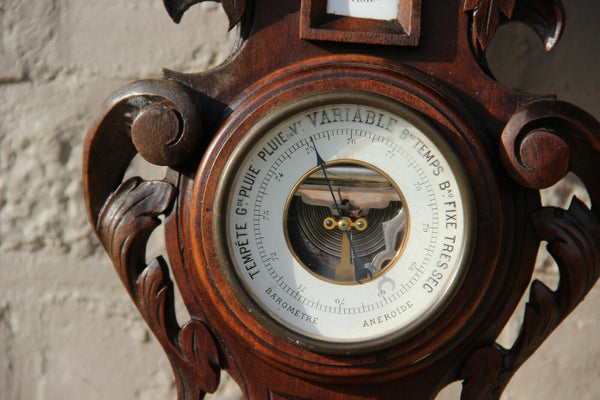 Antique XL black forest wood carved wall clock barometer