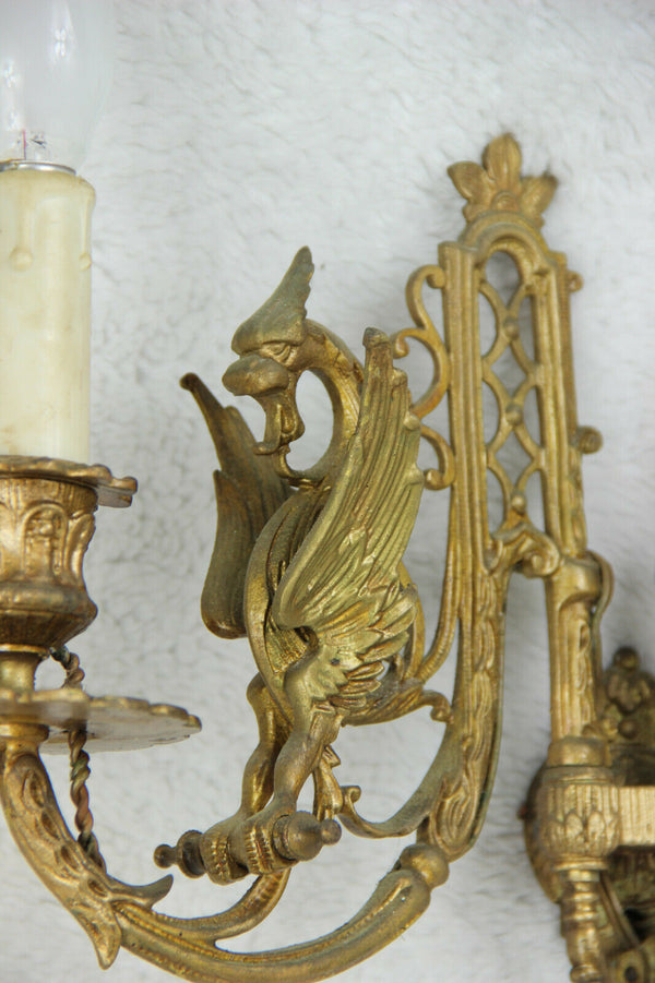 Antique French bronze Gothic Castle Dragon piano Wall lights sconces