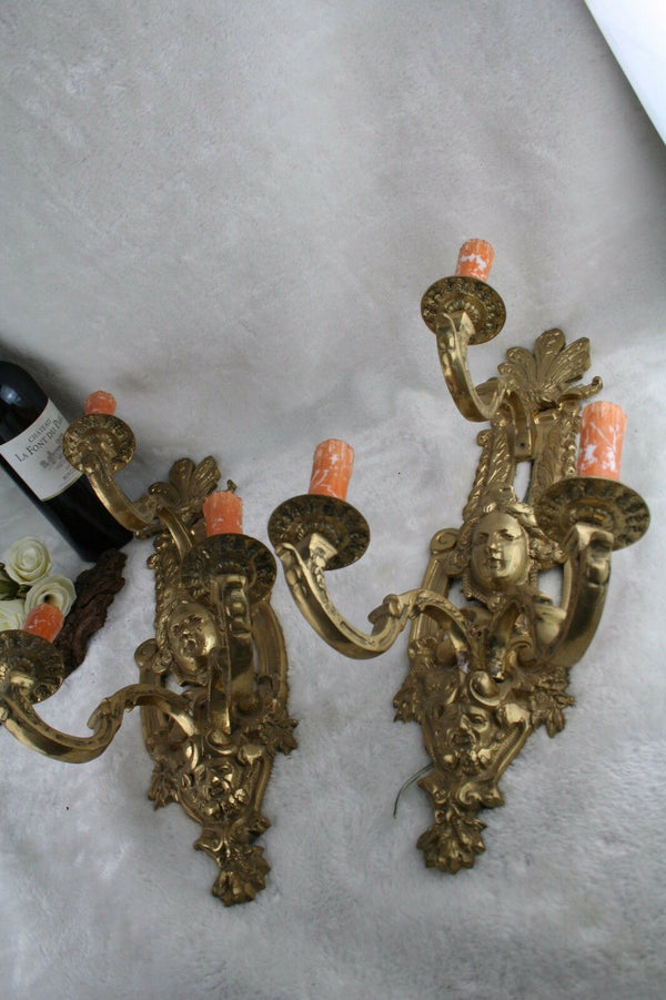 Huge PAIR French antique bronze putti faun satyr 3 arms sconces wall lights