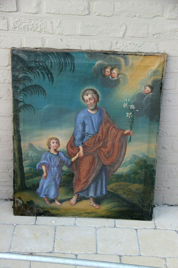 Antique Religious oil canvas painting jesus child joseph angels putti