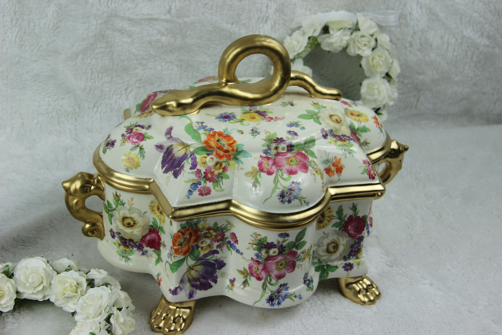 XL Antique belgian BOCH KEralux porcelain Bonbonniere box snake lion paws