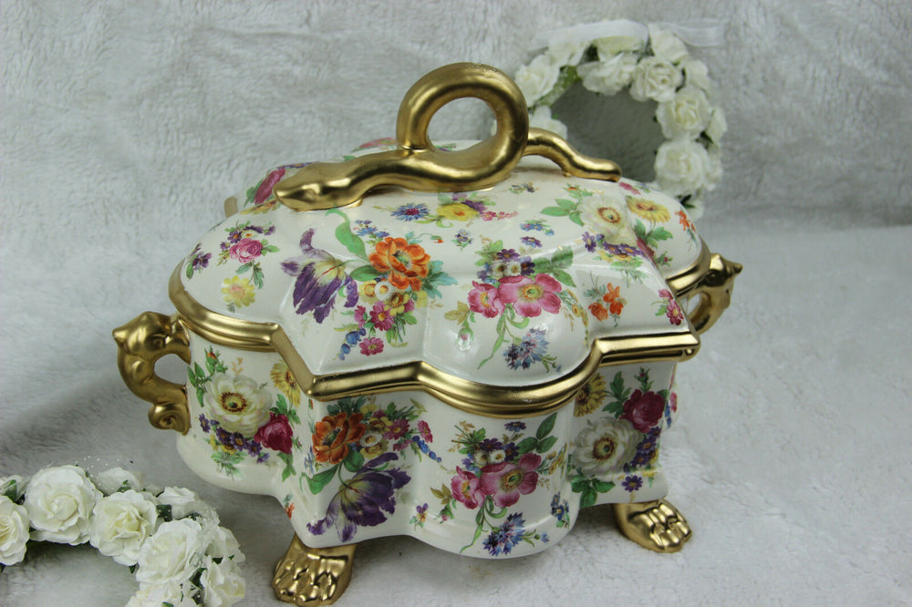 XL Antique belgian BOCH KEralux porcelain Bonbonniere box snake lion paws