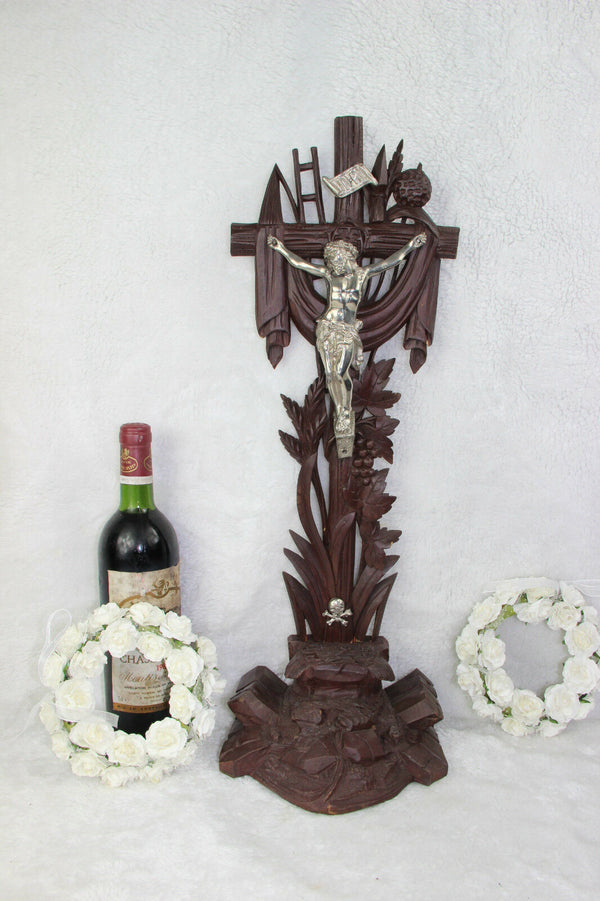 Antique German wood carved Black forest Crucifix cross religious