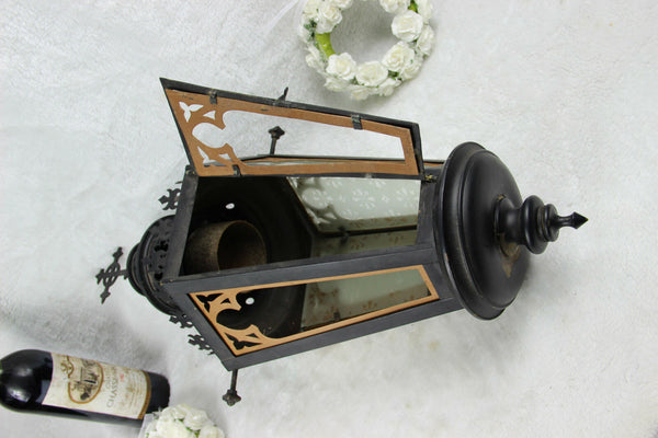 Religious gothic church Lantern light  metal black cross Glass Candle holder