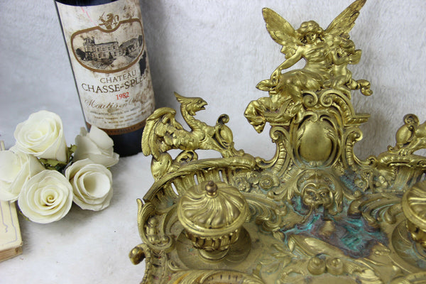 LARGE Antique French Castle gothic Dragon devil putti Bronze inkwell top piece