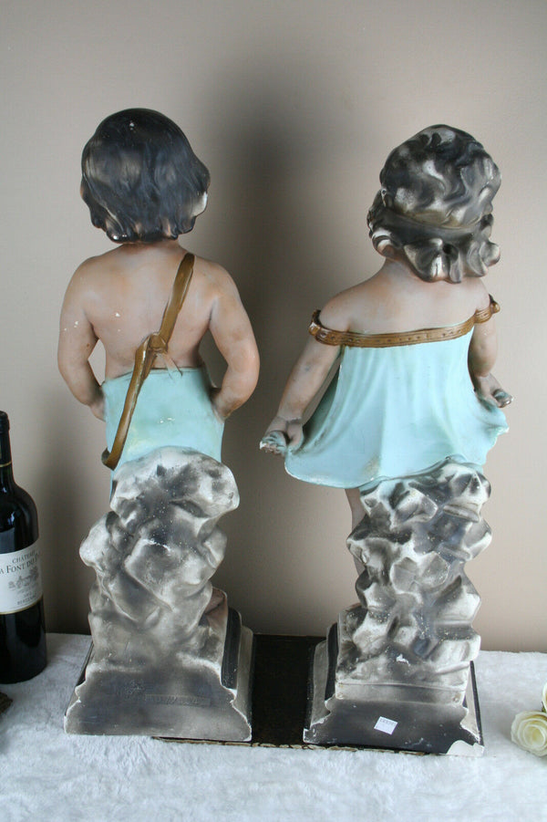PAIR huge French art nouveau Chalkware polychrome boy & girl figurine statues
