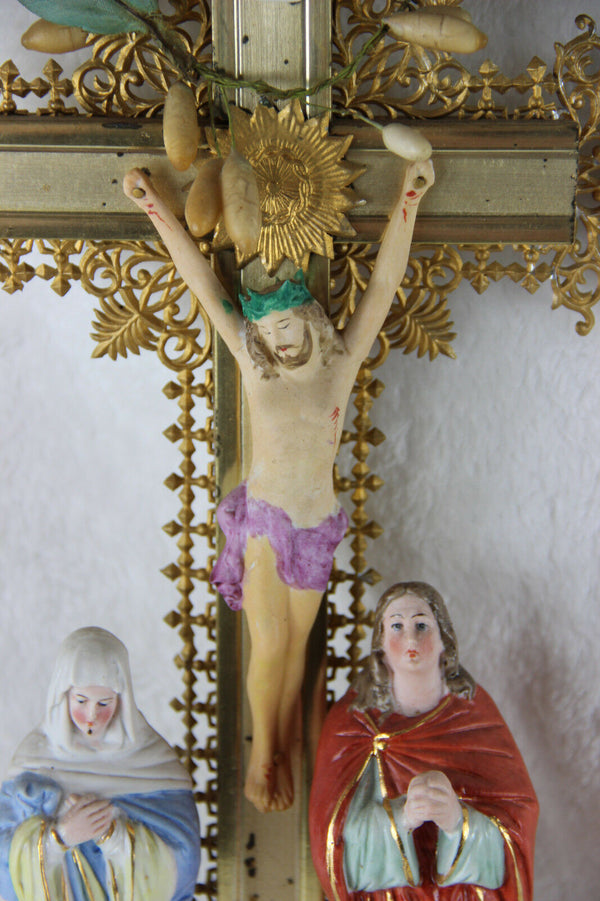 Antique French Crucifix porcelain figurines Calvary chalkware christ 1920's