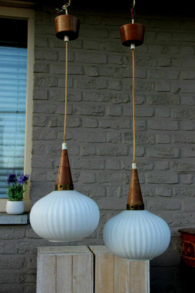 PAIR Retro 1970 Scandinavian teak milk glass shades pendant lamp chandelier