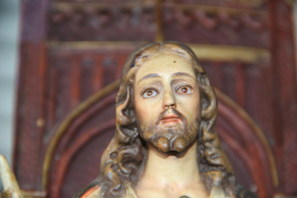 Antique Large Chalkware polychrome religious christ King throne Statue figurine