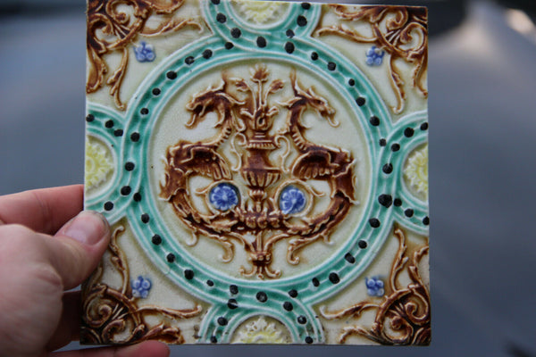 Gorgeous Antique French barbotine majolica set 9 tiles dragon gothic decor