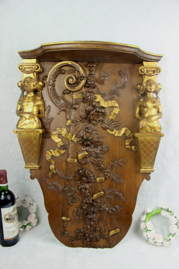 XL Antique French wood carved Caryatid figurine wall console plaque relief rare