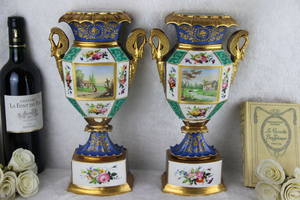 RARE PAIR antique 19thc Vieux paris porcelain scenes floral  Vases swan handles