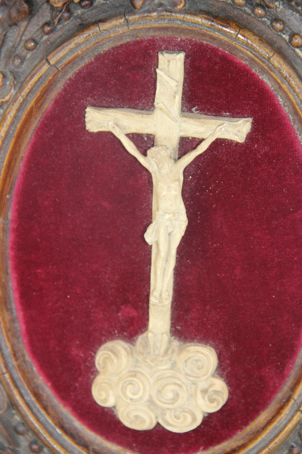 Antique 1880 Napoleon III Crucifix cross religious wood carved velvet